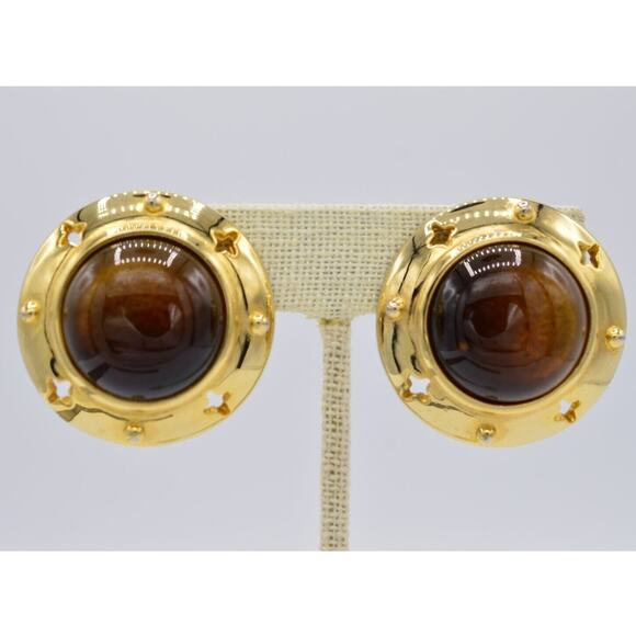 Givenchy Vintage Clip On Earrings Amber Cabochon Gold Chunky Signed 1980s BinH - Picture 1 of 12